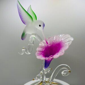 Hummingbird Glass Figurine Fuchsia Flower Handcrafted Bird Lover Decor